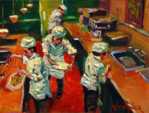 Christopher M Original Oils on Canvas - Cuisiniers Occup'es (Busy Chefs)