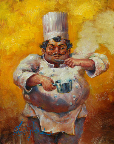 Christopher M Original Oils on Canvas - Never Trust a Skinny Chef