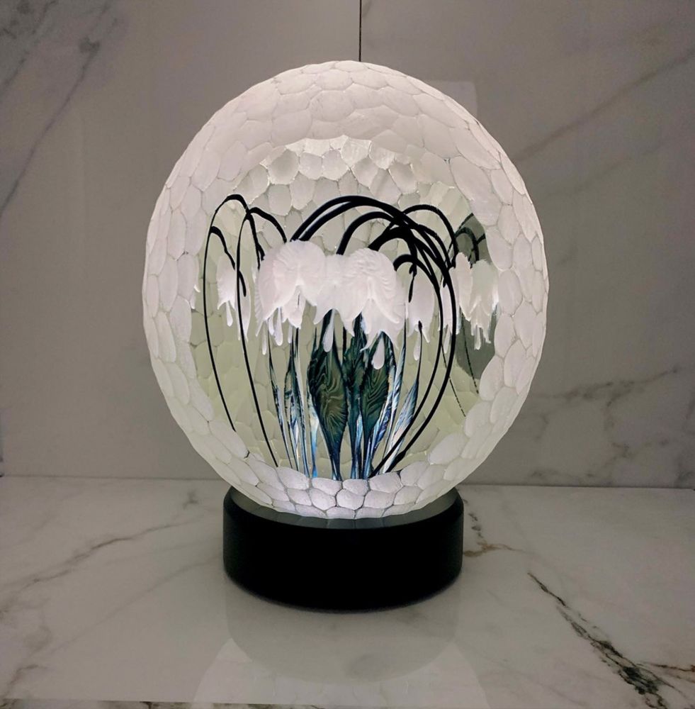 Tim Lotton Hand Blown Glass - Carved Trifaceted Bleeding Heart Sphere